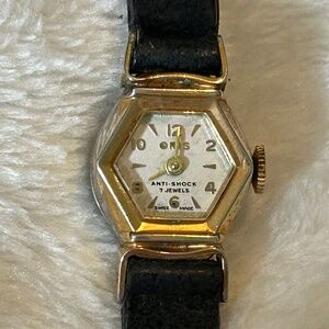 Vintage Oris Mechanical Cocktail Dress Watch Hexagon Face Black Leather Band